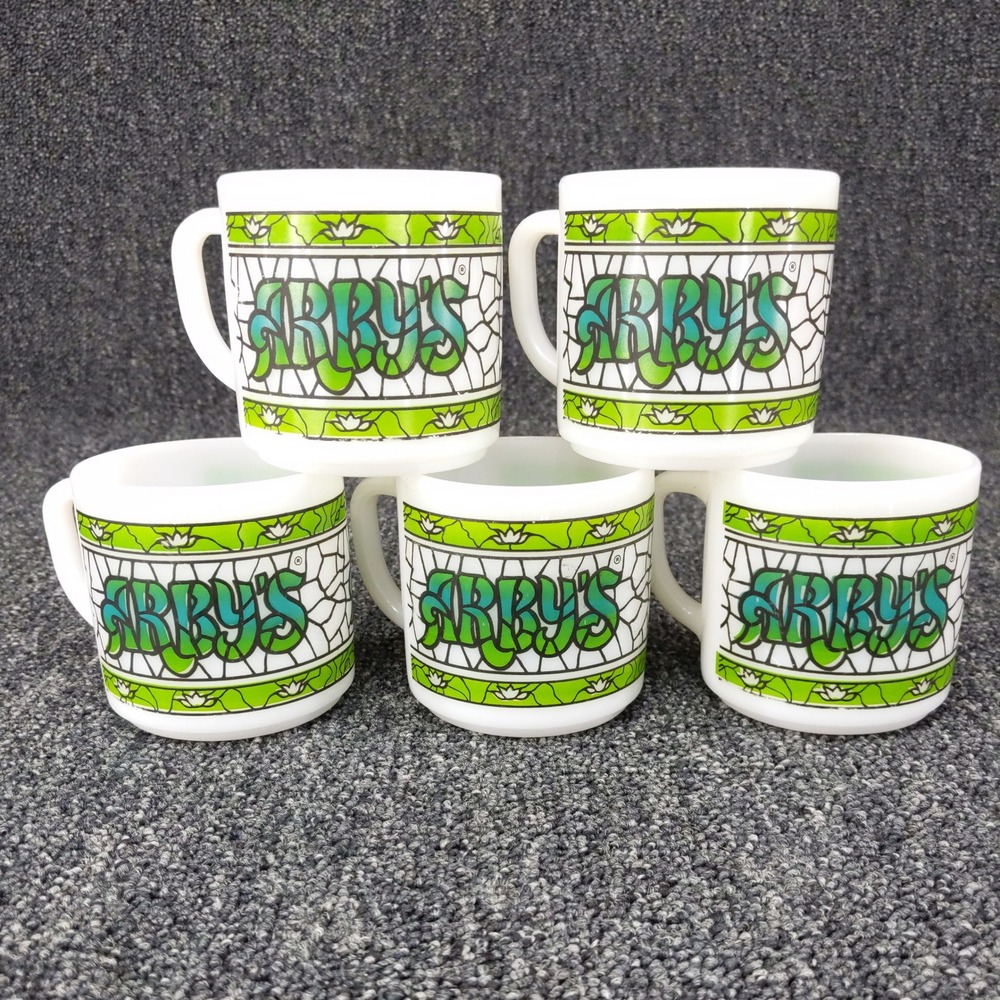 vtg Federal Glass Arby's Mug Set of 5 White Green Stained Glass Milk Glass